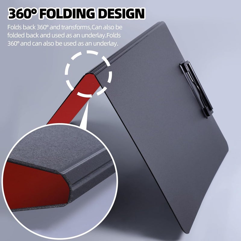 FRETONBA Clipboard Folder, A4 Foldable Clipboard with Horizontal and Vertical Double Metal Clips, 360 Degree Foldable Binder Clipboards with Pen Holder, File Cover Work Folder Clipboards, Red - Image 5